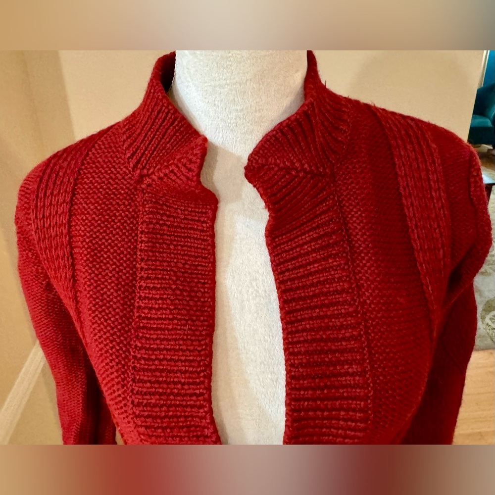 Vintage Macy’s Brick Red 100% Wool Tie Wrap Sweater Cardigan - Picture 2 of 10